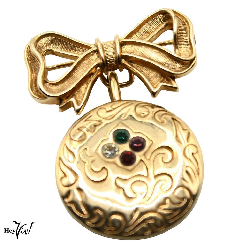 Vintage Avon Dear Drop Style Brooch Pin w Bow and Rhinestones 1.5" - Hey Viv